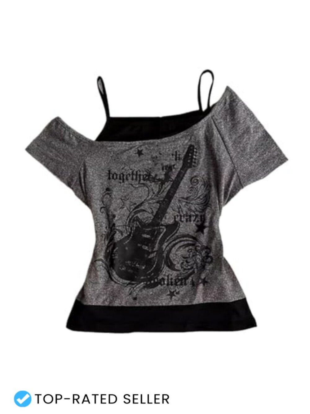 Y2K Off Shoulder Crop Top Asymmetrical Hem Graphic Tee Layered Cami
